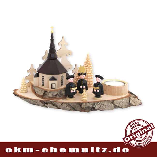 Baumscheibe Teelichthalter liegend - Seiffener Kirche dunkel Eine wunderschöne Tischdekoration, ist der Kerzenhalter Baumscheibe Seiffener Kirche. Die natürliche Holzscheibe mit Rinde, findet einen guten Kontrast zur dunklen Kirche.