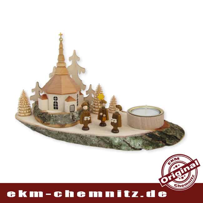 Baumscheibe Teelichthalter liegend - Seiffener Kirche hell Der Kerzenhalter Baumscheibe Seiffener Kirche in Farbe natur, auf einer Holzscheibe mit Rinde. Perfekt für die rustikale Einrichtung.