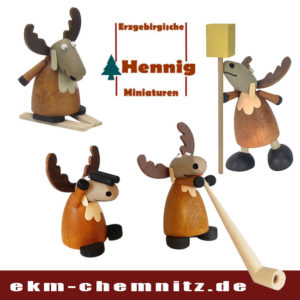 Der Elch aus dem Erzgebirge, hergestellt von der Traditions Firma H. Hennig. Eine witzige Sammelfigur gedrechselt mit den unterschiedlichsten Facetten. Man muss sie alle haben.