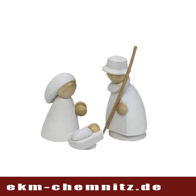 Drechselfigur - Heilige Familie klein weiß Die wichtigsten Akteure im Krippenspiel ist die Heilige Familie. Von Hand gedrechstelt als Sammlerfiguren klein in natur/weiß filigran anzusehen.