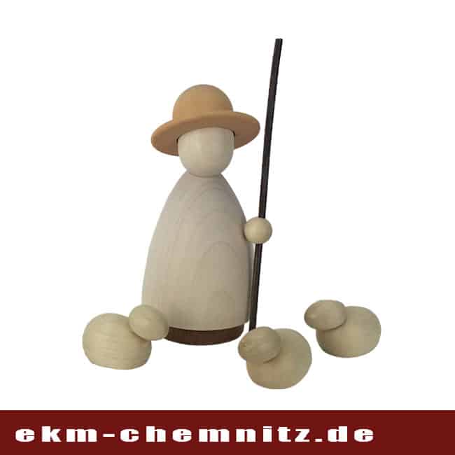 Drechselfigur - Schäfer mit Schafen groß lasiert Der lassierte gedrechselte Schäfer groß, perfekt zum Zusammenstellen des Krippenspiels. Die 3 Schäfchen in schlichtem Design sind mit dabei.