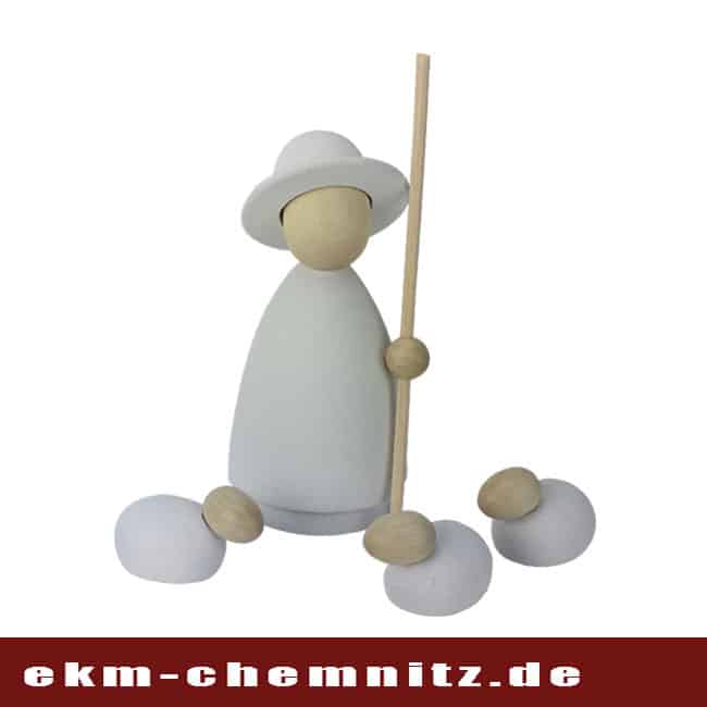 Drechselfigur - Schäfer mit Schafen groß weiß Für Ihr Krippenspiel, passend der Schäfer groß natur/weiß, mit 3 Schafen im modernen Stil.