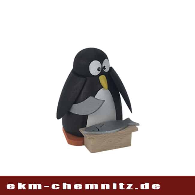 Drechselfigur - Pinguin Fischmarkt Die Sammelfigur Pinguin Fischmarkt preist seinen frischen Fisch an. Eine handgearbeitete Drechselfigur aus dem Erzgebirge.