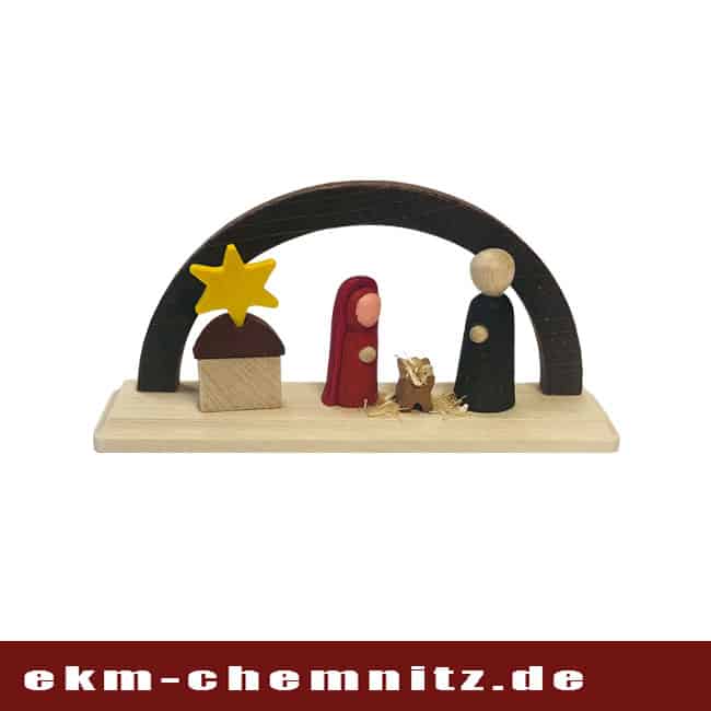 Miniatur Schwibbogen Christi Geburt braun Die Figuren Christi Geburt finden sich auf diesem Miniatur Schwibbogen