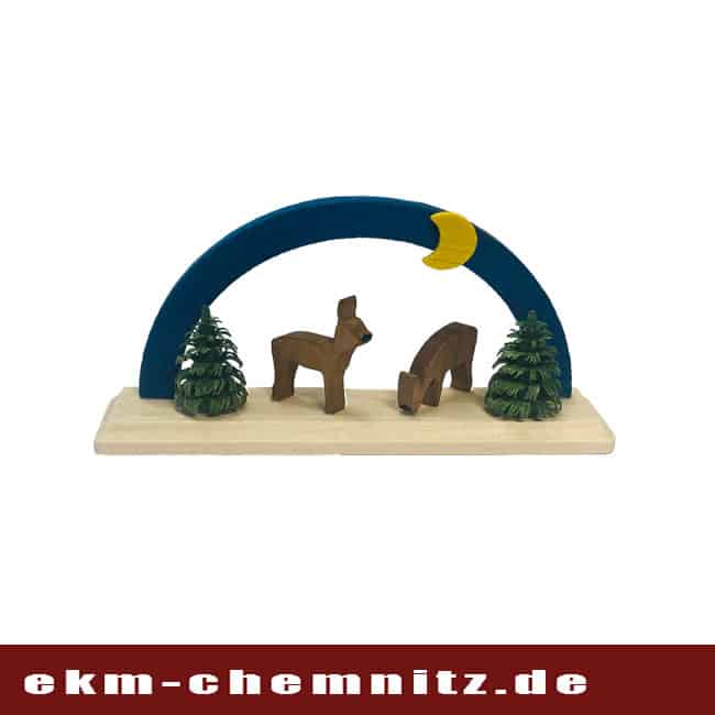 Miniatur Schwibbogen Rehe blau Rehe fressen gemütlich auf diesem Miniaturbogen.